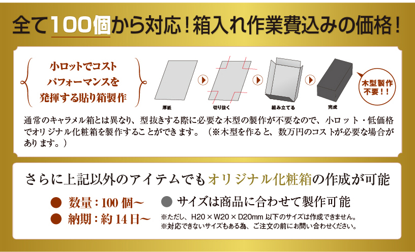 
					小ロットでコストパフォーマンスを発揮する貼り箱製作木型製作不要！！厚紙切り抜く組み立てる完成全て100個から対応！箱入れ作業費込みの価格！●数量：100個～    ●納期：約14日～※ただし、H20×W20×D20mm以下のサイズは作成できません。※対応できないサイズもある為、ご注文の前にお問い合わせください。● サイズは商品に合わせて製作可能さらに上記以外のアイテムでもオリジナル化粧箱の作成が可能通常のキャラメル箱とは異なり、型抜きする際に必要な木型の製作が不要なので、小ロット・低価格でオリジナル化粧箱を製作することができます。（※木型を作ると、数万円のコストが必要な場合があります。）箔プリント対応可能箔プリントには下記の別途版代が必要になります。版代①タテ20×ヨコ60㎜→版代②タテ20×ヨコ80㎜→※箔プリントのカラーは、ゴールドとシルバーよりお選びいただけます。
					※下記サイズ以外は別途お見積りになります。お問い合わせください。単価 ￥5,000単価￥6,000
					